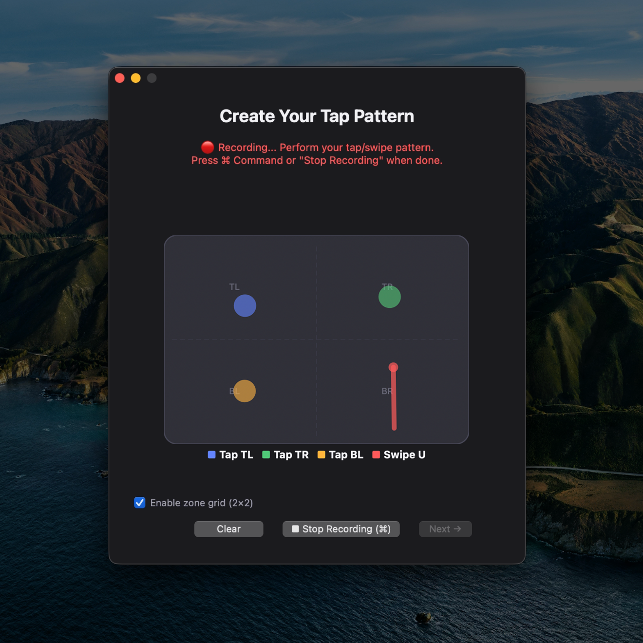 TapUnlock Pattern Recording: Managing a 2x2 grid to create a secure trackpad sequence